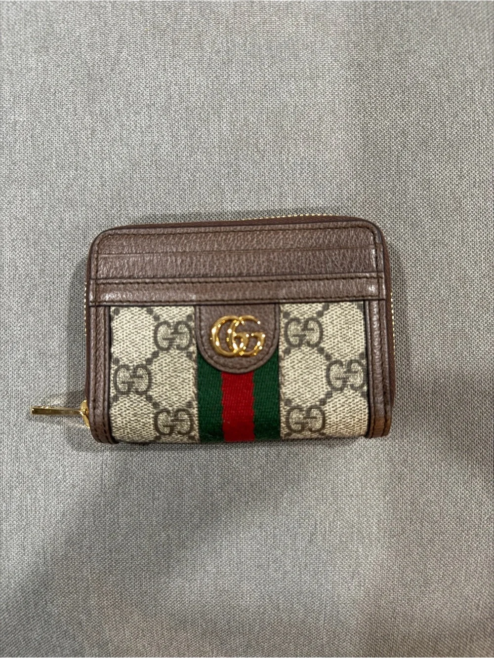 Gucci GG Supreme Card Holder with Brown Leather and Web Stripe